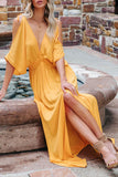 LC619680-7-S, LC619680-7-M, LC619680-7-L, LC619680-7-XL, Yellow Women's Cold Shoulder Backless Deep V Neck Maxi Dress with Side Slit