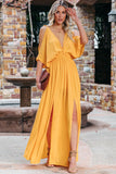 LC619680-7-S, LC619680-7-M, LC619680-7-L, LC619680-7-XL, Yellow Women's Cold Shoulder Backless Deep V Neck Maxi Dress with Side Slit