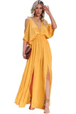 LC619680-7-S, LC619680-7-M, LC619680-7-L, LC619680-7-XL, Yellow Women's Cold Shoulder Backless Deep V Neck Maxi Dress with Side Slit