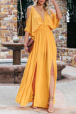 LC619680-7-S, LC619680-7-M, LC619680-7-L, LC619680-7-XL, Yellow Women's Cold Shoulder Backless Deep V Neck Maxi Dress with Side Slit