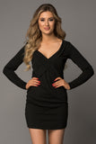 Black Plunging Neck Bodycon Long Sleeve Ladies Black Mini Dress LC227553-2