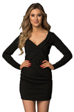 Black Plunging Neck Bodycon Long Sleeve Ladies Black Mini Dress LC227553-2