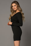 Black Plunging Neck Bodycon Long Sleeve Ladies Black Mini Dress LC227553-2