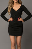 Black Plunging Neck Bodycon Long Sleeve Ladies Black Mini Dress LC227553-2