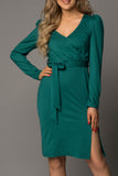 Green Ladies V Neck Long Sleeve Dress Side Split Bodycon Dress with Belt LC229110-9