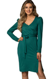 Green Ladies V Neck Long Sleeve Dress Side Split Bodycon Dress with Belt LC229110-9