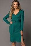 Green Ladies V Neck Long Sleeve Dress Side Split Bodycon Dress with Belt LC229110-9