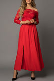 Red Ladies Off Shoulder Lace Bodice Empire Waist Maxi Evening Dress LC616084-3