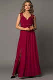 Red Womens V Neck Ruched Lace Splicing Maxi Dress with Side Split LC617432-3