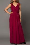 Red Womens V Neck Ruched Lace Splicing Maxi Dress with Side Split LC617432-3