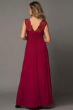 Red Womens V Neck Ruched Lace Splicing Maxi Dress with Side Split LC617432-3