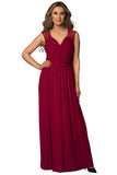 Red Womens V Neck Ruched Lace Splicing Maxi Dress with Side Split LC617432-3