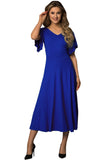 Blue V Neck Ruffled Sleeve Empire Waist Flare Long Dress LC617472-5