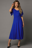 Blue V Neck Ruffled Sleeve Empire Waist Flare Long Dress LC617472-5