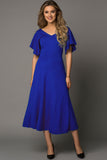 Blue V Neck Ruffled Sleeve Empire Waist Flare Long Dress LC617472-5