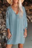 Sky Blue White T Shirt Dress V Neck Lace Shoulder Beach Dress LC421346-4