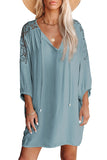 Sky Blue White T Shirt Dress V Neck Lace Shoulder Beach Dress LC421346-4