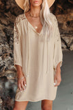 Apricot White T Shirt Dress V Neck Lace Shoulder Beach Dress LC421346-18