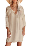 Apricot White T Shirt Dress V Neck Lace Shoulder Beach Dress LC421346-18