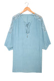 Sky Blue White T Shirt Dress V Neck Lace Shoulder Beach Dress LC421346-4