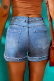 Sky Blue Distressed Denim Short for Women Ripped Rolled Hem Blue Denim Jean Shorts LC77173-4