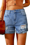 Sky Blue Distressed Denim Short for Women Ripped Rolled Hem Blue Denim Jean Shorts LC77173-4