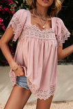 Pink Womens Lace Top Pom Pom Splicing Square Neck Blouse LC25112089-10