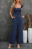 Blue Ruffle Sleeve Smocked Bodice Wide Leg Jumpsuit for Women LC643773-5