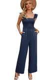 Blue Ruffle Sleeve Smocked Bodice Wide Leg Jumpsuit for Women LC643773-5