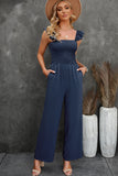 Blue Ruffle Sleeve Smocked Bodice Wide Leg Jumpsuit for Women LC643773-5