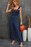 Blue Ruffle Sleeve Smocked Bodice Wide Leg Jumpsuit for Women LC643773-5