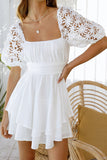 White White Puff Sleeve Dress Square Neck Lace Ruffle A Line Mini Dress  LC2211141-1