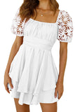 White White Puff Sleeve Dress Square Neck Lace Ruffle A Line Mini Dress  LC2211141-1