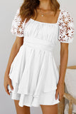 White White Puff Sleeve Dress Square Neck Lace Ruffle A Line Mini Dress  LC2211141-1