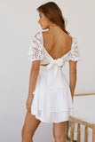 White White Puff Sleeve Dress Square Neck Lace Ruffle A Line Mini Dress  LC2211141-1