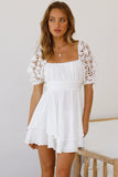 White White Puff Sleeve Dress Square Neck Lace Ruffle A Line Mini Dress  LC2211141-1