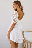 White White Puff Sleeve Dress Square Neck Lace Ruffle A Line Mini Dress  LC2211141-1