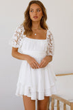 White White Puff Sleeve Dress Square Neck Lace Ruffle A Line Mini Dress  LC2211141-1