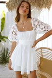 White White Puff Sleeve Dress Square Neck Lace Ruffle A Line Mini Dress  LC2211141-1