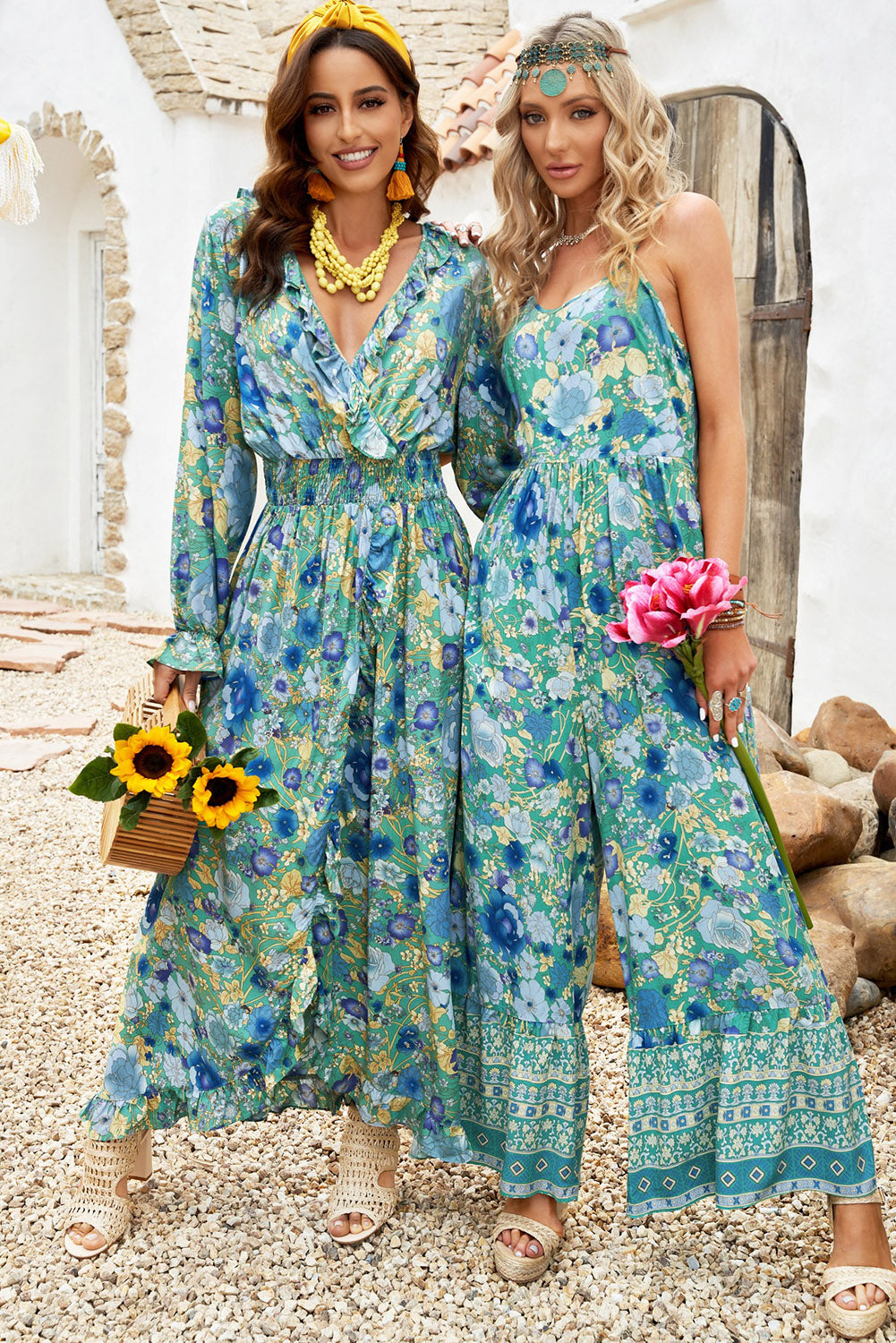 Green Women's Summer Boho Floral Print Sleeveless Wide Leg Jumpsuit LC643937-9