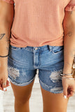 Sky Blue Distressed Denim Short for Women Ripped Rolled Hem Blue Denim Jean Shorts LC77173-4