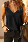 LC251886-2-S, LC251886-2-M, LC251886-2-L, LC251886-2-XL, LC251886-2-2XL, Black Women's V Neck Sleeveless Lace Trim Camisole Sleeveless Tank Top