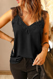 LC251886-2-S, LC251886-2-M, LC251886-2-L, LC251886-2-XL, LC251886-2-2XL, Black Women's V Neck Sleeveless Lace Trim Camisole Sleeveless Tank Top
