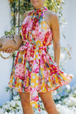 Women's Casual Halter Neck Sleeveless Floral Dress RuffledMini Dress