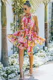 Multicolor Womens Floral Polka Dot Print Ruffled Sleeveless Mini Dress with Belt LC619677-22