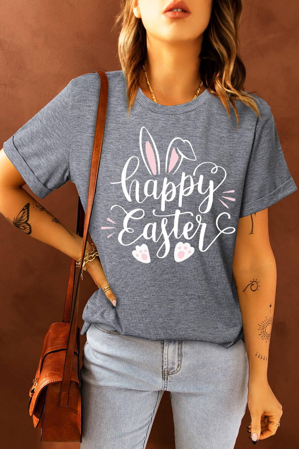 LC25214597-11-S, LC25214597-11-M, LC25214597-11-L, LC25214597-11-XL, LC25214597-11-2XL, Gray Happy Easter Bunny Graphic Print Tee Short Sleeve T-Shirt Top