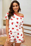 LC4512251-1-S, LC4512251-1-M, LC4512251-1-L, LC4512251-1-XL, LC4512251-1-2XL, White Womens Sleepwear Valentines Heart Short Sleeve Tee and Shorts Lounge Set