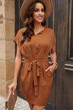 Brown Elegant Tie Waist Short Sleeve High Waist Mini Dress LC2211336-17