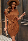 Brown Elegant Tie Waist Short Sleeve High Waist Mini Dress LC2211336-17