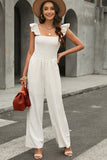 Apricot Ruffle Sleeve Smocked Bodice Wide Leg Jumpsuit for Women LC643773-18